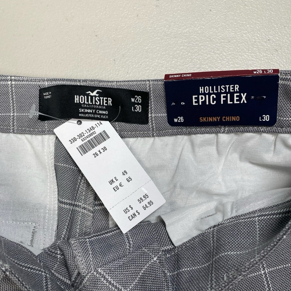 NEW Hollister Epic Flex Skinny Chino 26x30 Mens Flat Front Tapered Gray Plaid - Picture 6 of 7